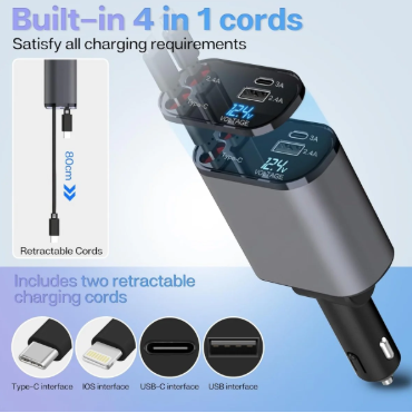 4-in-1 Car Fast Charger with RetrAactable iPhone & Type-C Cables, PD & USB Ports – Universal Multi-Device Charging Solution