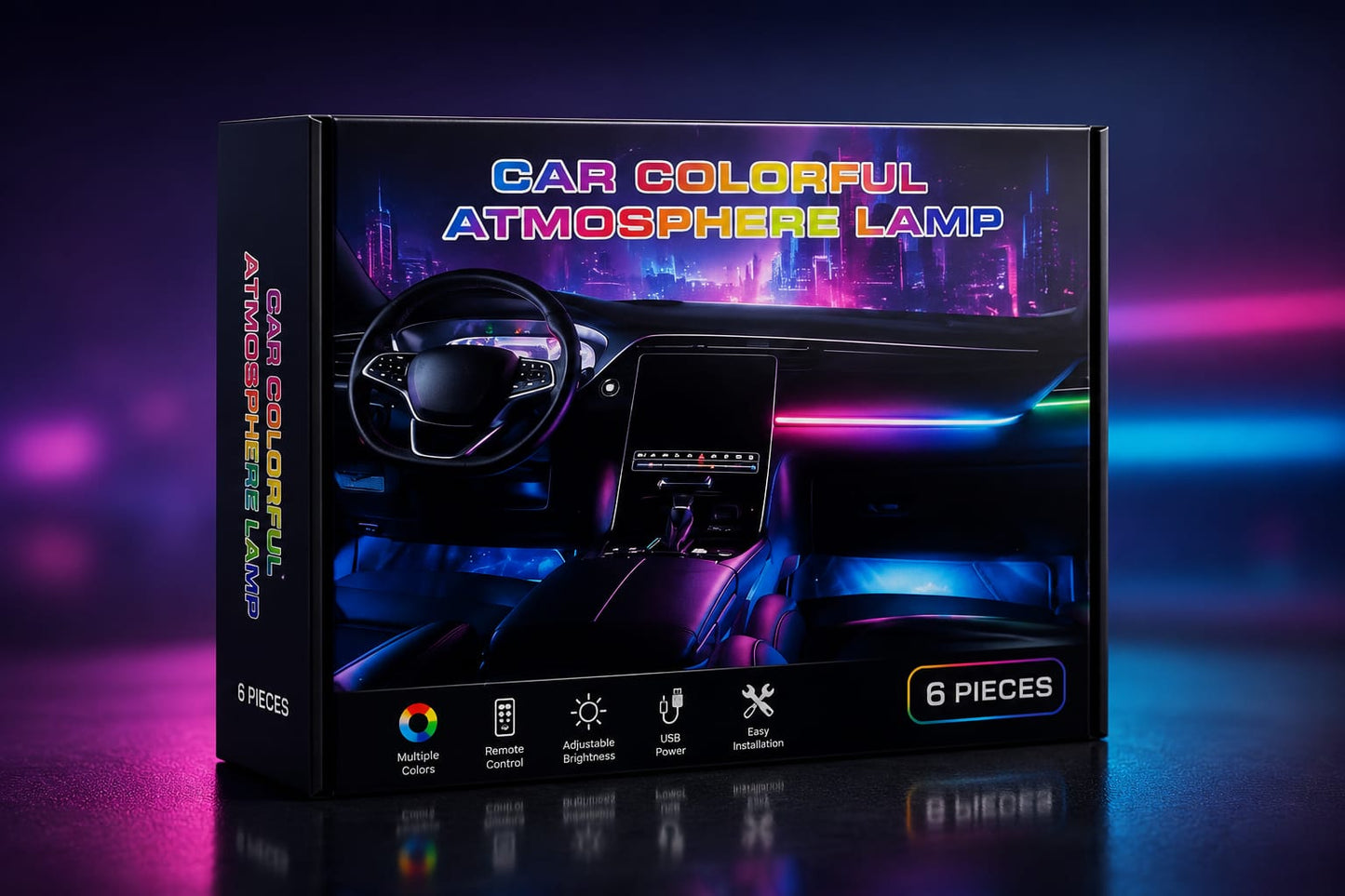 Upgrade your car interior with 6-piece ambient lights featuring stylish colors, easy installation, premium quality, and a modern driving atmosphere.
