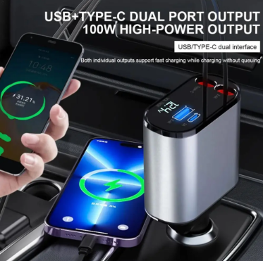 4-in-1 Car Fast Charger with RetrAactable iPhone & Type-C Cables, PD & USB Ports – Universal Multi-Device Charging Solution